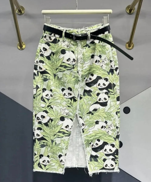 Women Fashion Panda Print Denim Long Skirt