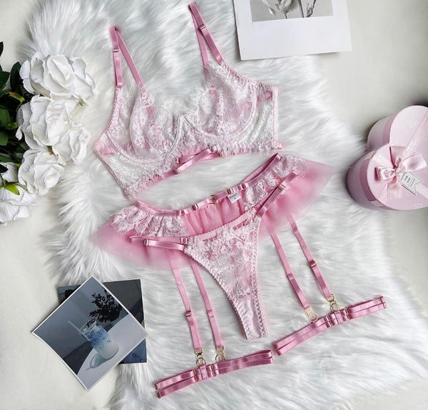 Women Sexy Pink Lace Ruffled Mesh Lingerie Set