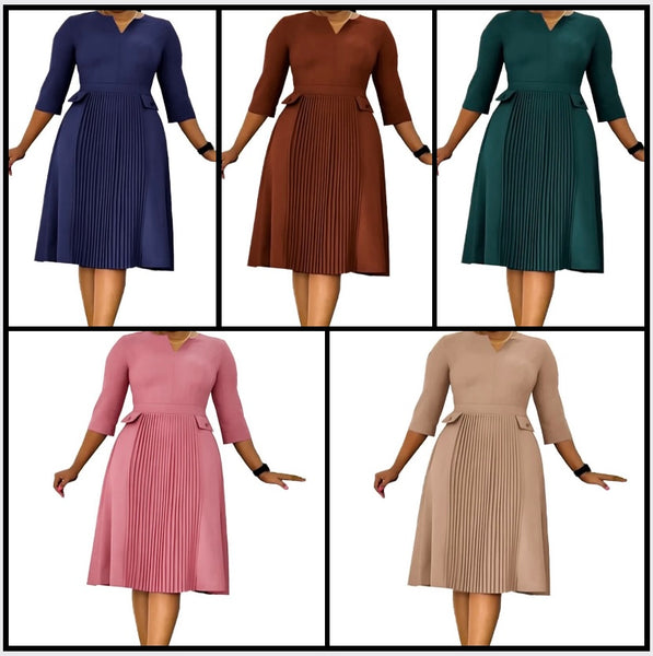 Women Solid Color Full Sleeve Pleated Dress