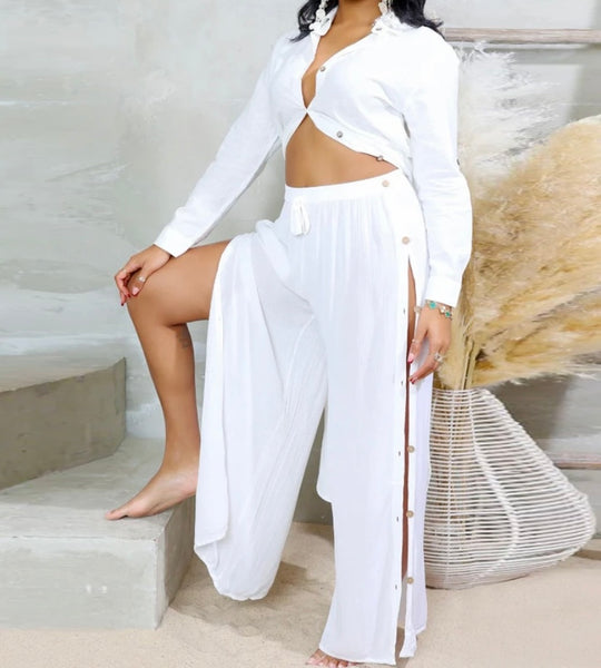 Women Sexy Full Sleeve Button Solid Color Two Piece Pant Set