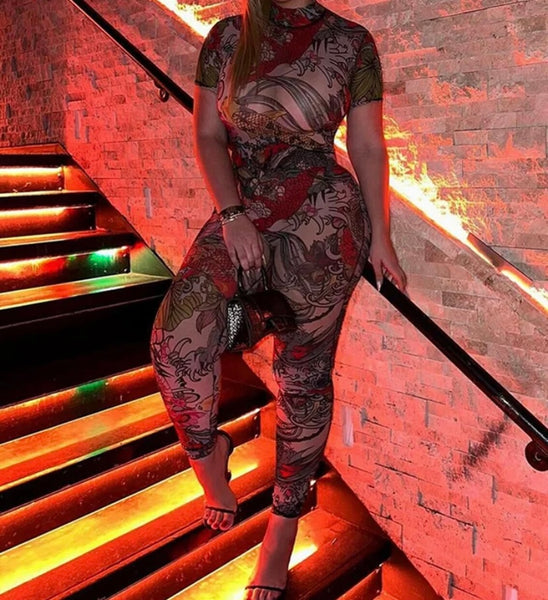 Women Sexy Printed Mesh Open Back Short Sleeve Jumpsuit
