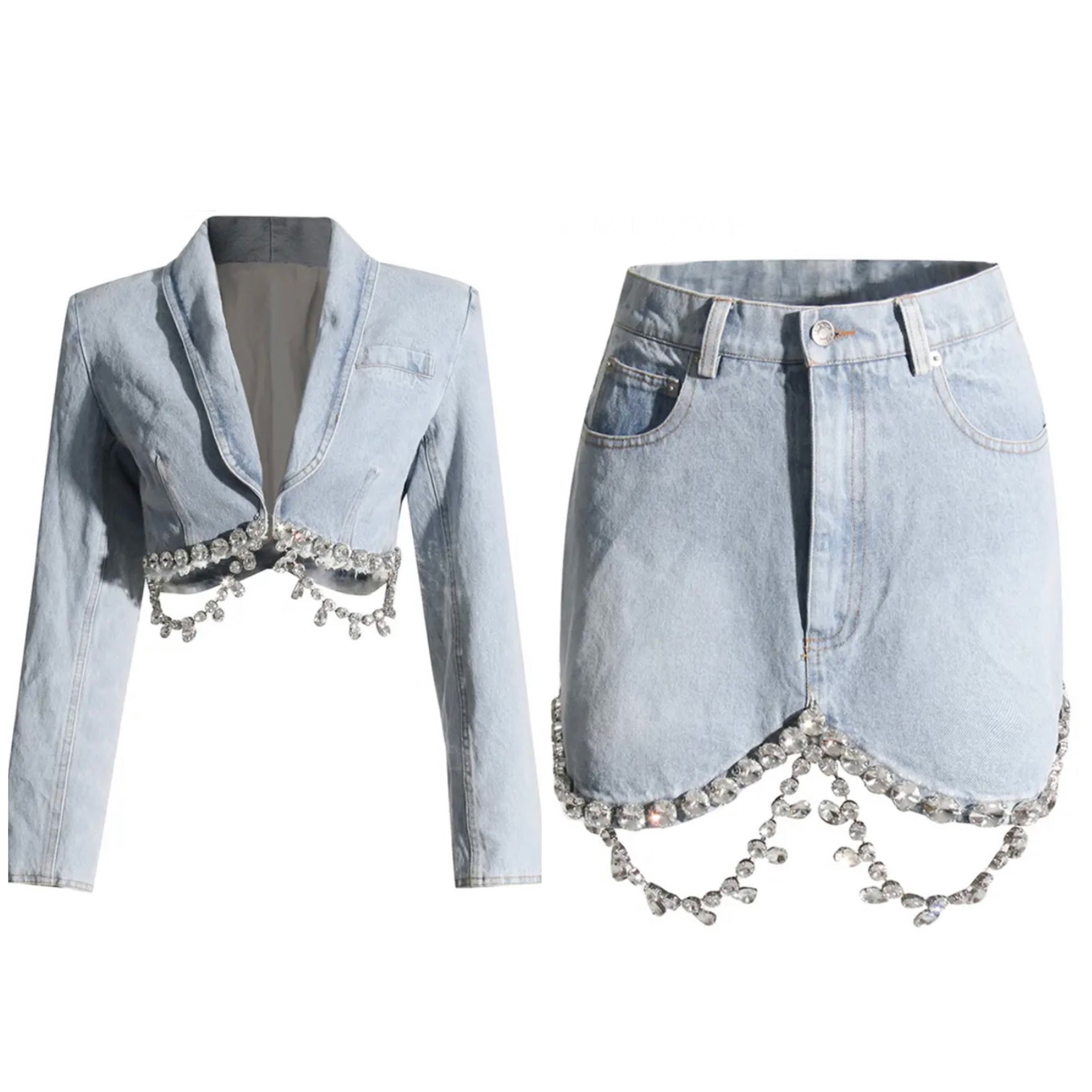 Women Full Sleeve Denim Rhinestone Blazer Two Piece Skirt Set