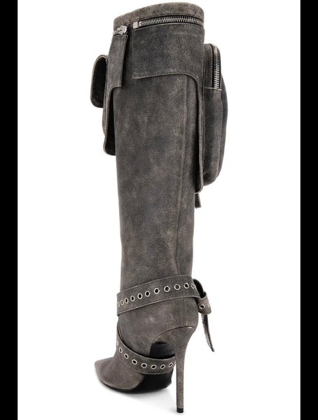 Women Fashion Denim Detachable Buckled Knee High Boots