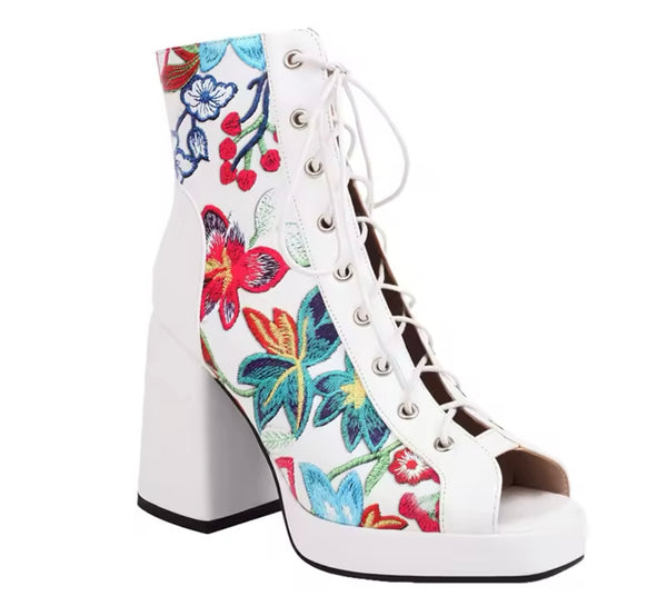 Women Fashion Open Toe Floral Lace Up Ankle Boots