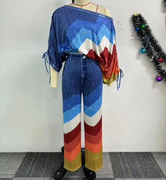 Women Fashion Denim Color Striped Two Piece Pant Set