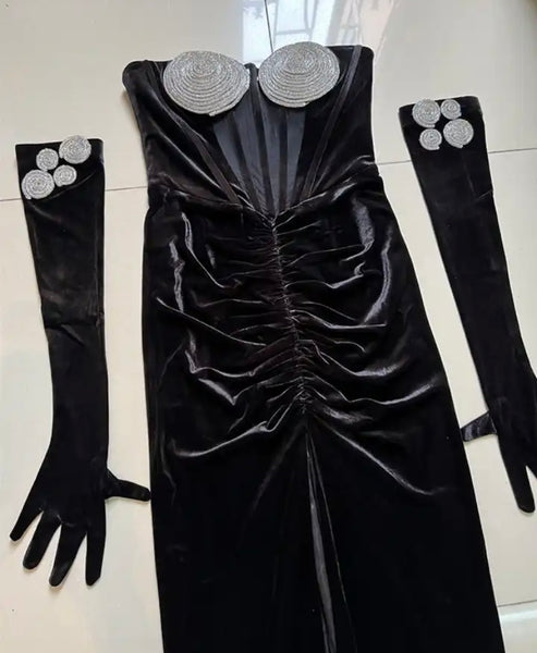 Women Black Sexy Strapless Velour Rhinestone Glove Maxi Dress