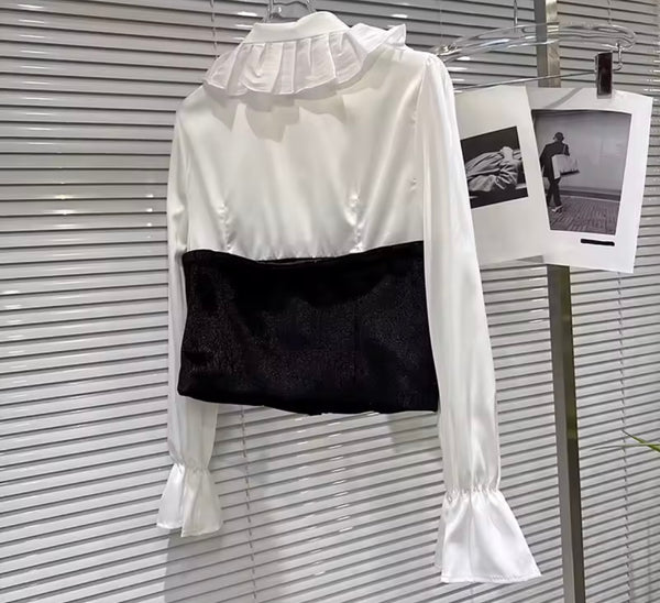 Women B&W Ruffled Bow Full Sleeve Rhinestone Suede Three Piece Skirt Set