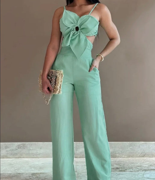 Women Sleeveless Floral Solid Color Sexy Fashion Jumpsuit