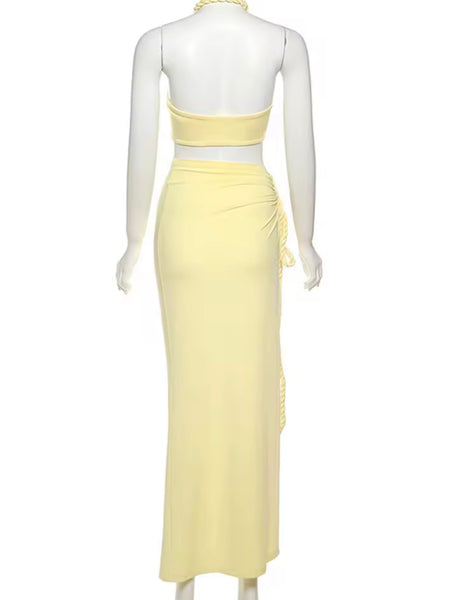 Women Sexy Halter Sleeveless Rope Tie Up Two Piece Maxi Skirt Set