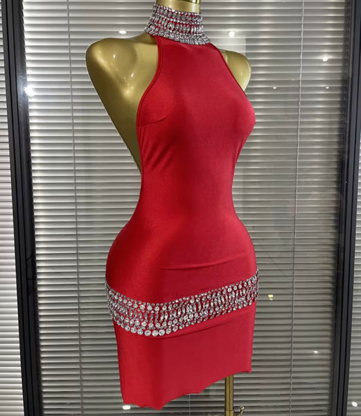 Women Sexy Halter Sleeveless Open Back Rhinestone Dress
