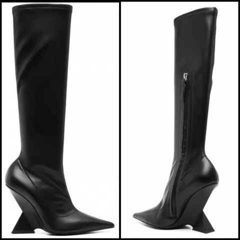 Women Black Fashion Faux Leather Knee High Wedge Boots