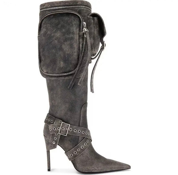 Women Fashion Denim Detachable Buckled Knee High Boots