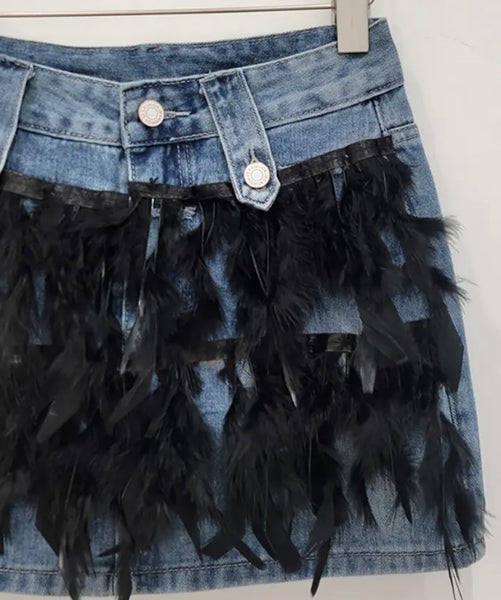 Women Fashion Feather Patchwork Denim Skirt