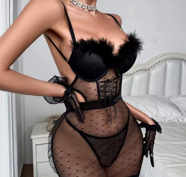 Women Sexy Black Polka Dot Feather Open Back Nightgown Lingerie Set