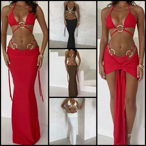 Women Sexy Halter Metal Bikini Cover Up Set