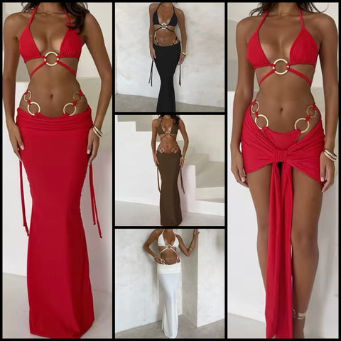 Women Sexy Halter Metal Bikini Cover Up Set