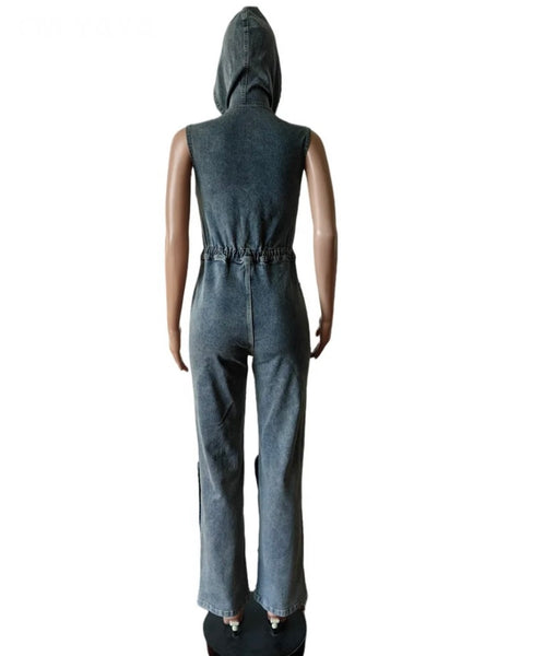 Women Fashion Hooded Sleeveless Drawstring Denim Jumpsuit