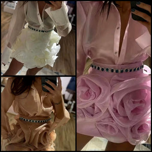 Women Sexy Mesh 3D Floral Two Piece Full Sleeve Skirt Set