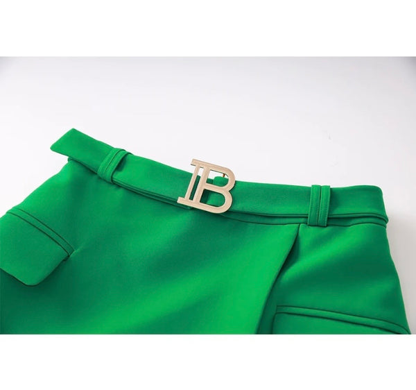 Women Green Letter Belted Blazer Two Piece Skirt Set