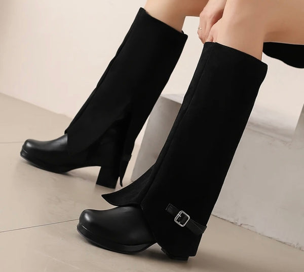Women Fashion Denim Color Patchwork Buckled Platform Knee High Boots