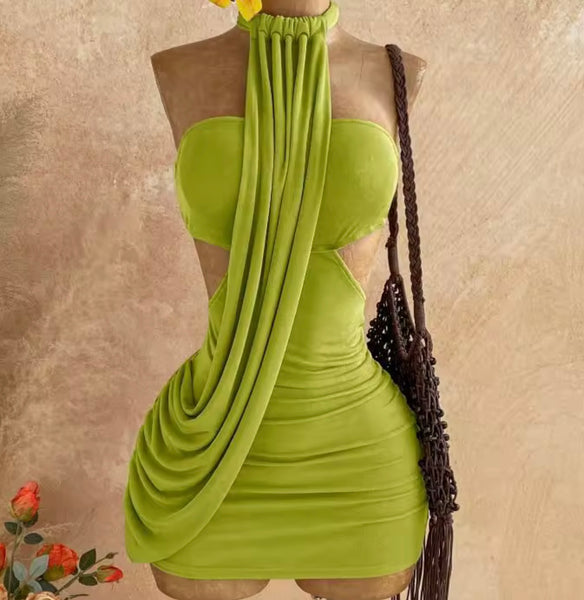 Women Sexy Halter Sleeveless Ruched Short Dress