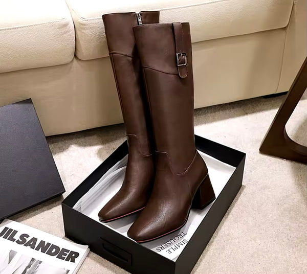 Women Color Fashion Faux Leather Buckled Knee High Boots