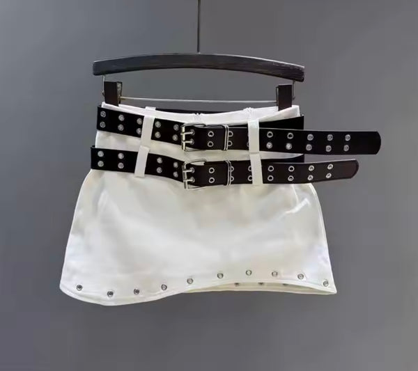 Women Fashion Double Belt Rivet Denim Skirt