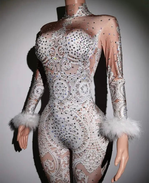 Women Sexy Feather Full Sleeve Rhinestone Jumpsuit