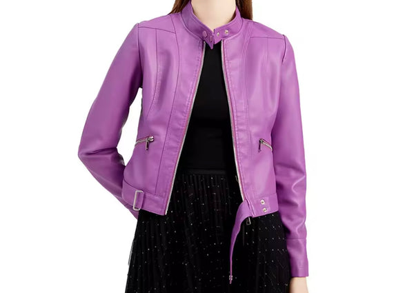 Women Color Zip Up Faux Leather Jacket