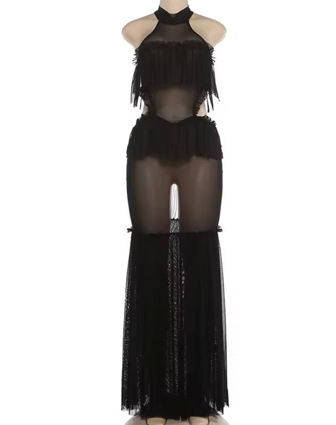 Women Sexy Halter Sleeveless Black Ruffled Mesh Maxi Dress