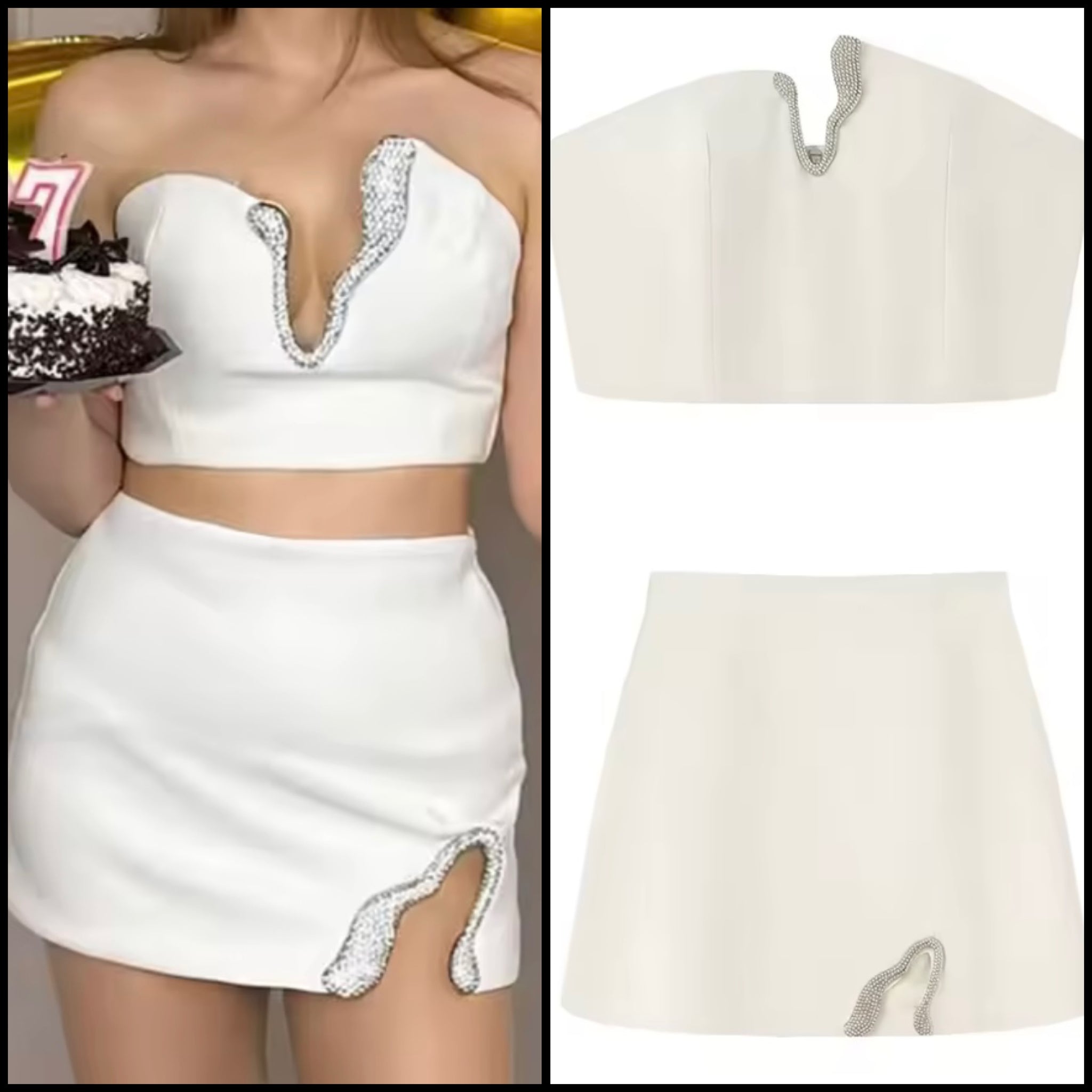 Women White Strapless Crop Sexy Two Piece Skirt Set