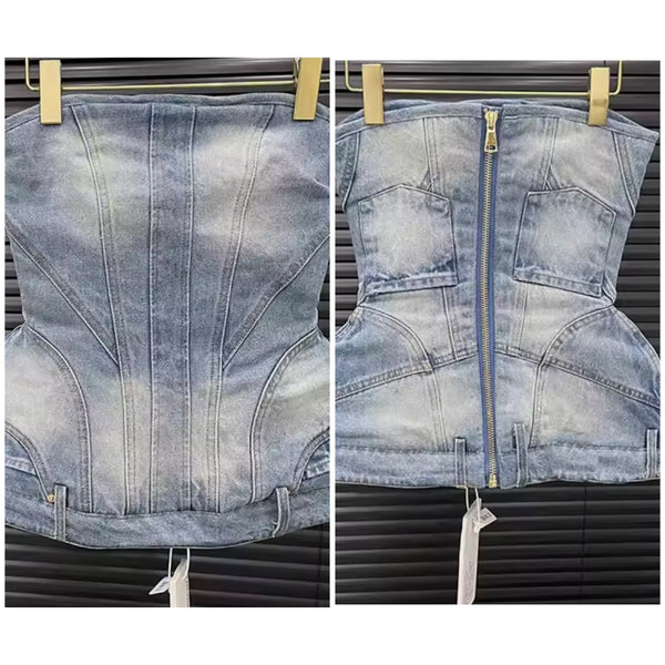 Women Strapless Sexy Fashion Denim Crop Top