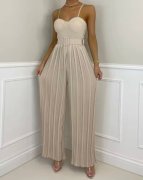 Women Sleeveless Solid Color Fashion Pleated Jumpsuit