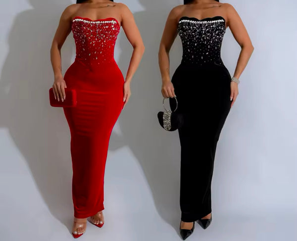 Women Sexy Bling Strapless Velour Maxi Dress