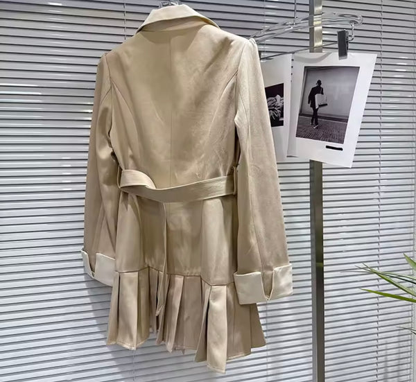Women Khaki Bow Button Up Full Sleeve Blazer Dress