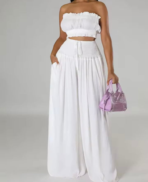 Women Ruffled Strapless Tube Top Two Piece Wide Leg Pant Set
