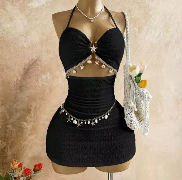 Women Sexy Halter Sleeveless Chain Cut Out Dress