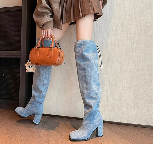 Women Denim Drawstring Fashion Square Heel Boots