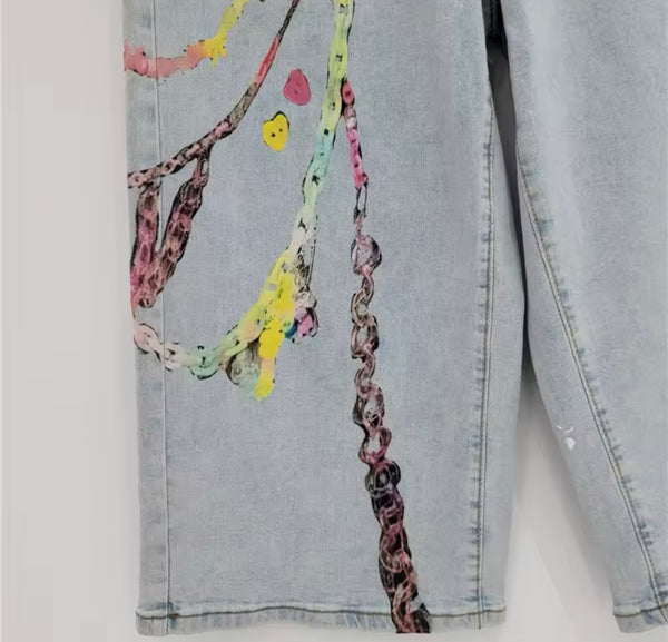 Women Fashion Printed Denim Capri Pants