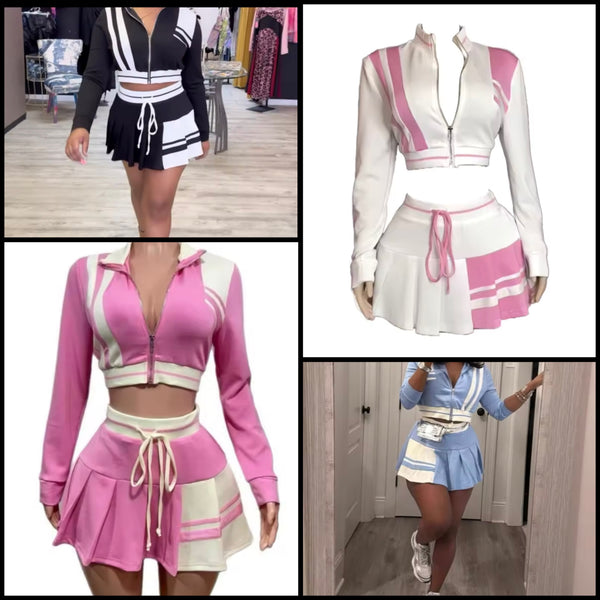 Women Zip Up Full Sleeve Color Patchwork Two Piece Pleated Skirt Set