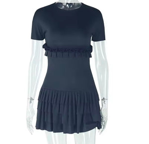 Women Sexy Ruffled Short Sleeve Solid Color Dress