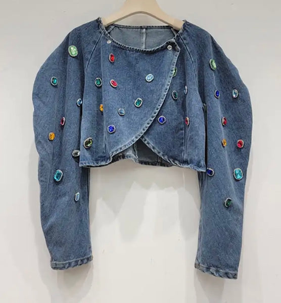 Women Fashion Colorful Gem Denim Jacket