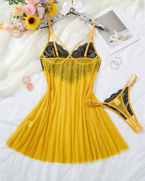Women Sexy Yellow Lace Patchwork Nightgown Lingerie Set