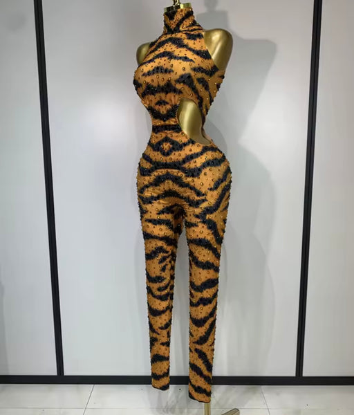 Women Sexy Orange Printed Rhinestone Sleeveless Jumpsuit