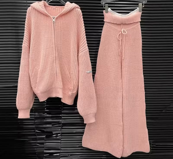 Women Fashion Knitted Zip Up Hooded Tracksuit Two Piece Pant Set