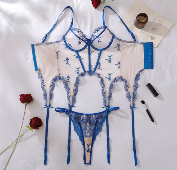 Women Sexy Blue Lace Mesh Lingerie Set