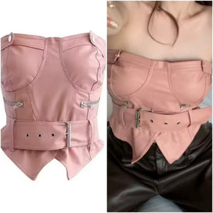 Women Pink Strapless Buckled Zipper Faux Leather Crop Top