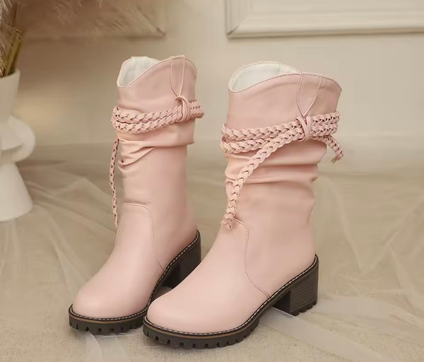 Women Fashion Ruched Rope Faux Leather Ankle Boots