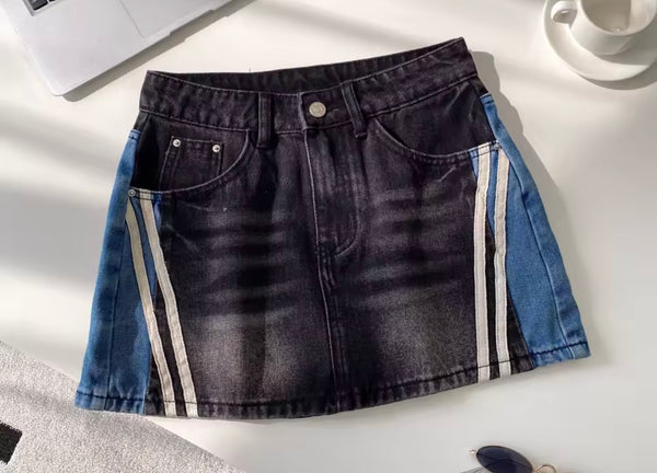Women Fashion Striped Color Patchwork Denim Skirt