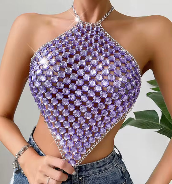 Women Sexy Halter Chain Sleeveless Crystal Crop Top